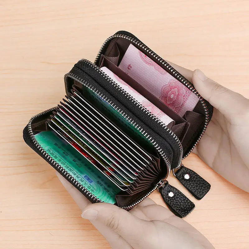 Genuine Leather RFID Card Holder with Double Zipper and Large Capacity