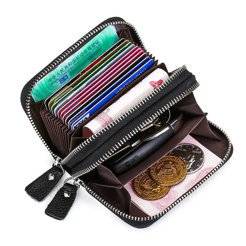 Genuine Leather RFID Card Holder with Double Zipper and Large Capacity
