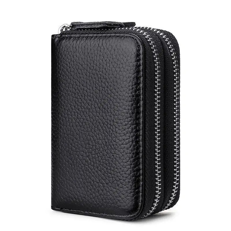 Genuine Leather RFID Card Holder with Double Zipper and Large Capacity