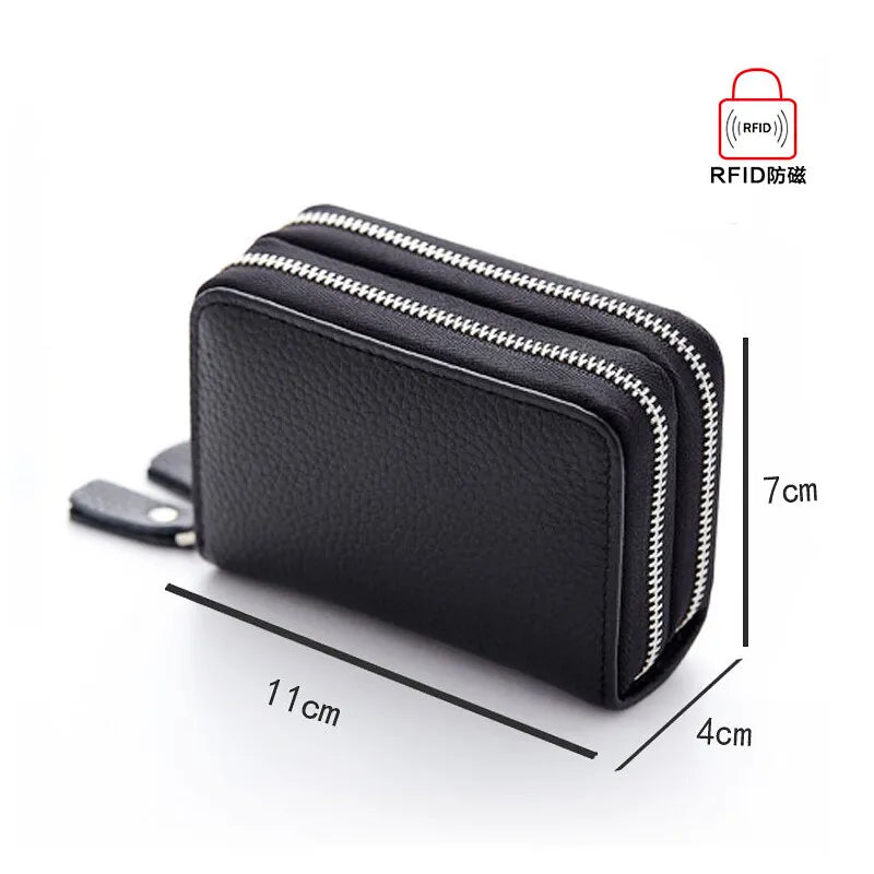 Genuine Leather RFID Card Holder with Double Zipper and Large Capacity