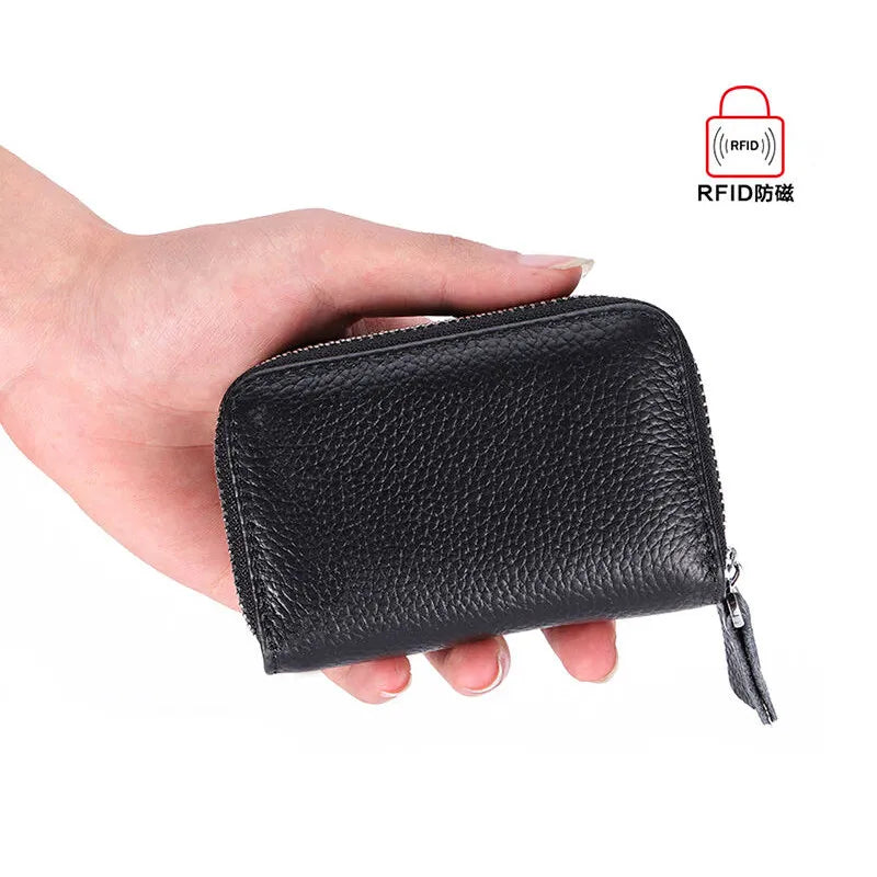 Genuine Leather RFID Card Holder with Double Zipper and Large Capacity