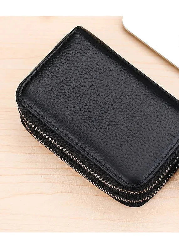 Genuine Leather RFID Card Holder with Double Zipper and Large Capacity