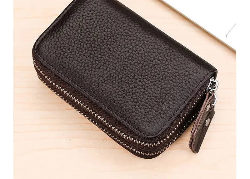 Genuine Leather RFID Card Holder with Double Zipper and Large Capacity