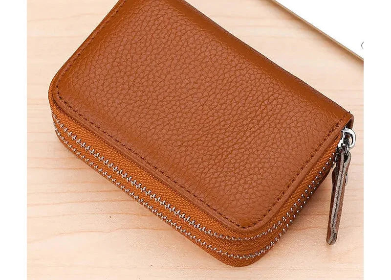 Genuine Leather RFID Card Holder with Double Zipper and Large Capacity
