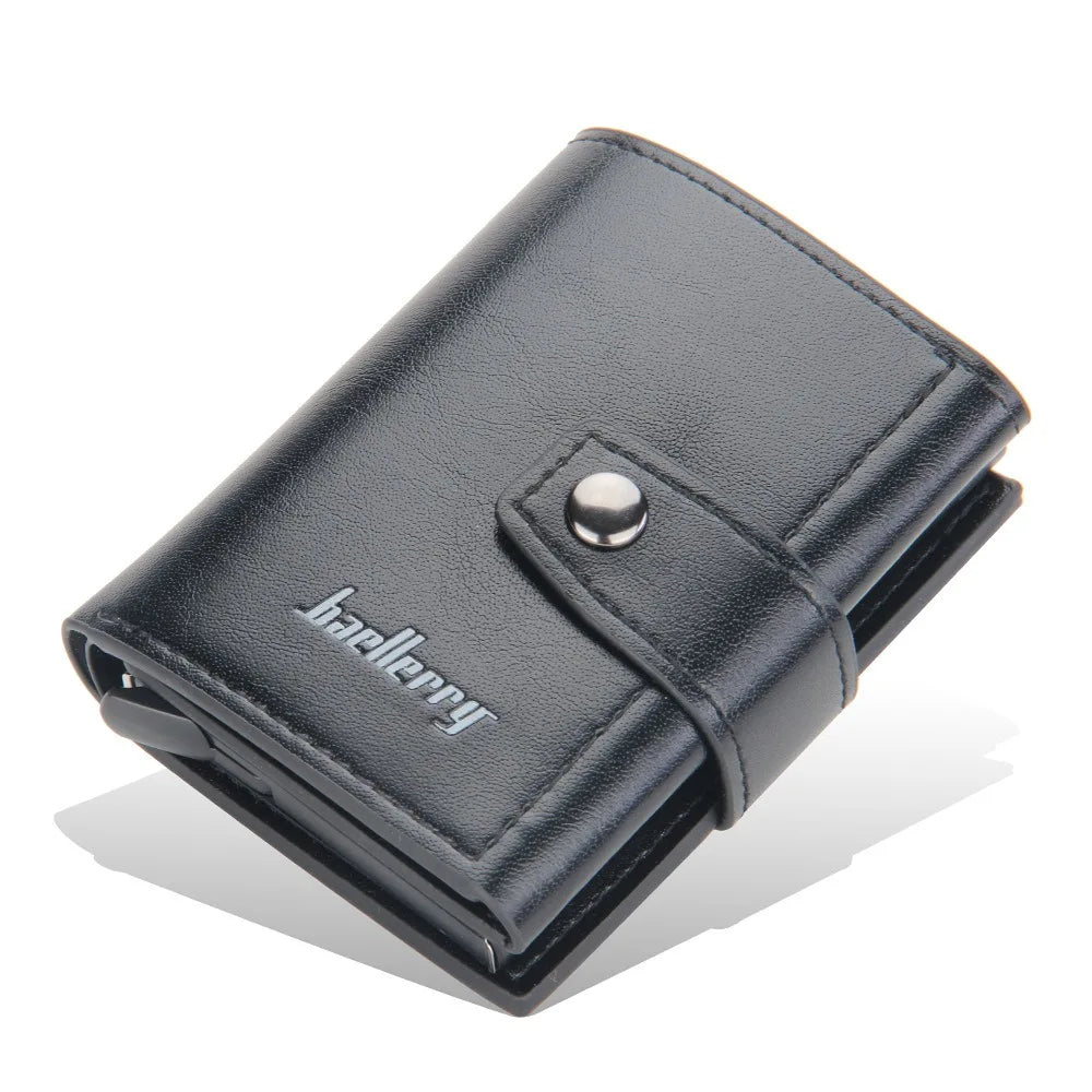 Compact PU Leather Card Holder with Automatic RFID Ejection and Button Closure for Men