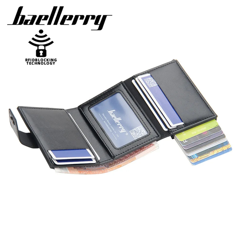 Compact PU Leather Card Holder with Automatic RFID Ejection and Button Closure for Men