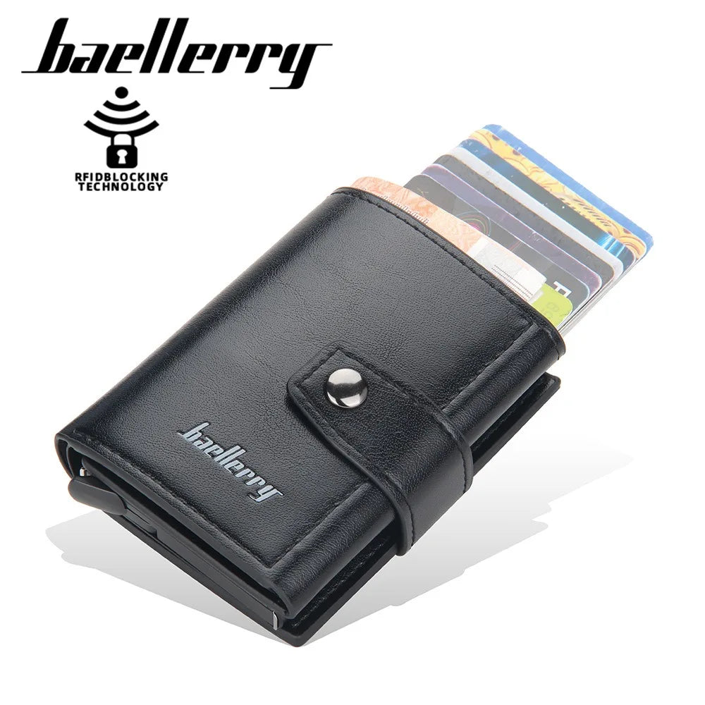 Compact PU Leather Card Holder with Automatic RFID Ejection and Button Closure for Men