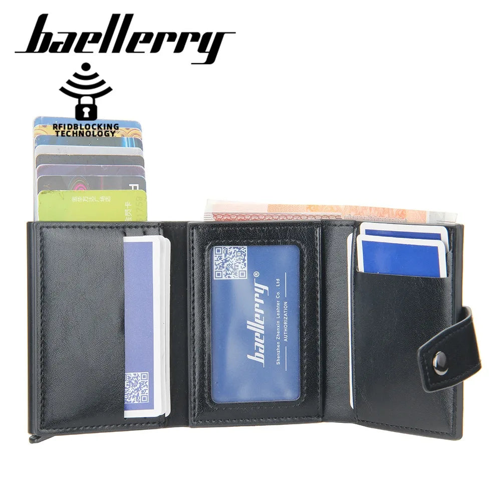 Compact PU Leather Card Holder with Automatic RFID Ejection and Button Closure for Men