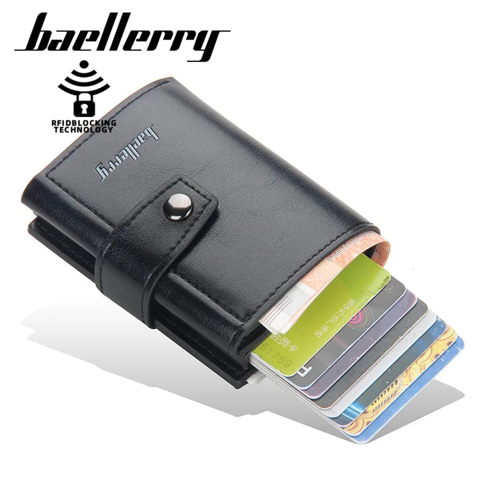Compact PU Leather Card Holder with Automatic RFID Ejection and Button Closure for Men