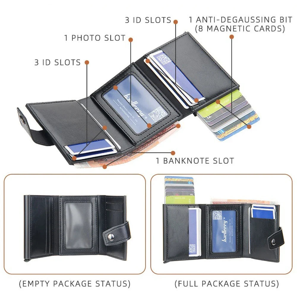 Compact PU Leather Card Holder with Automatic RFID Ejection and Button Closure for Men