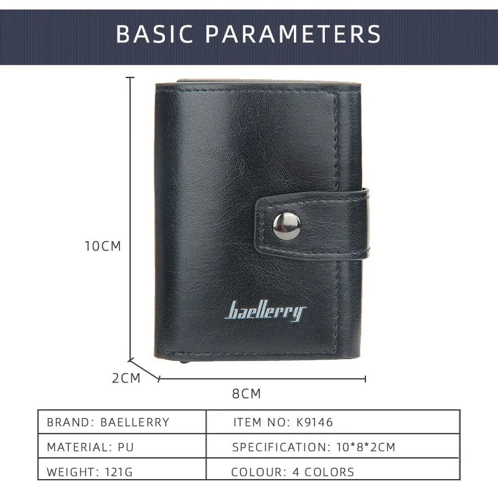 Compact PU Leather Card Holder with Automatic RFID Ejection and Button Closure for Men