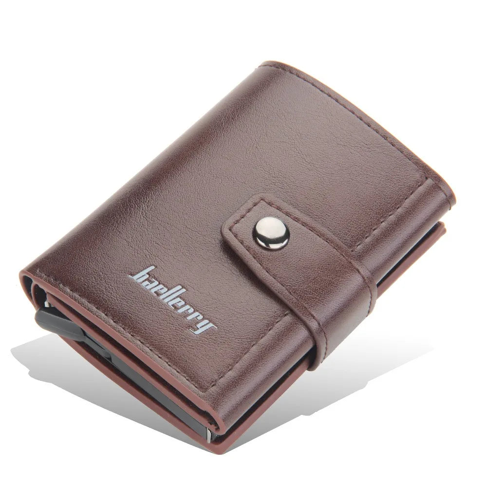 Compact PU Leather Card Holder with Automatic RFID Ejection and Button Closure for Men
