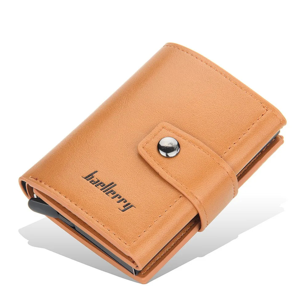 Compact PU Leather Card Holder with Automatic RFID Ejection and Button Closure for Men