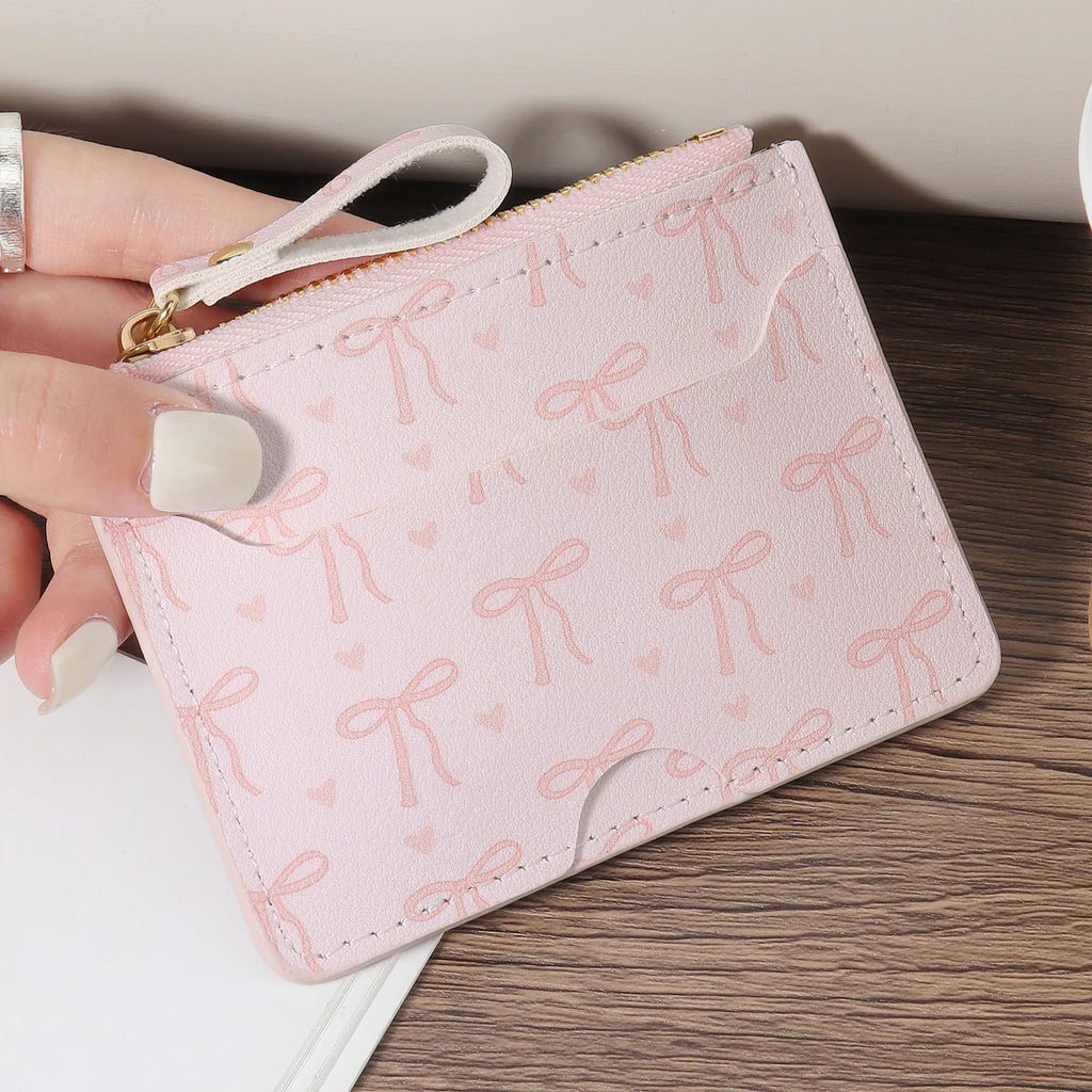 Ultra-Thin Zippered Card Holder with Bow Pattern – Compact Women's Wallet