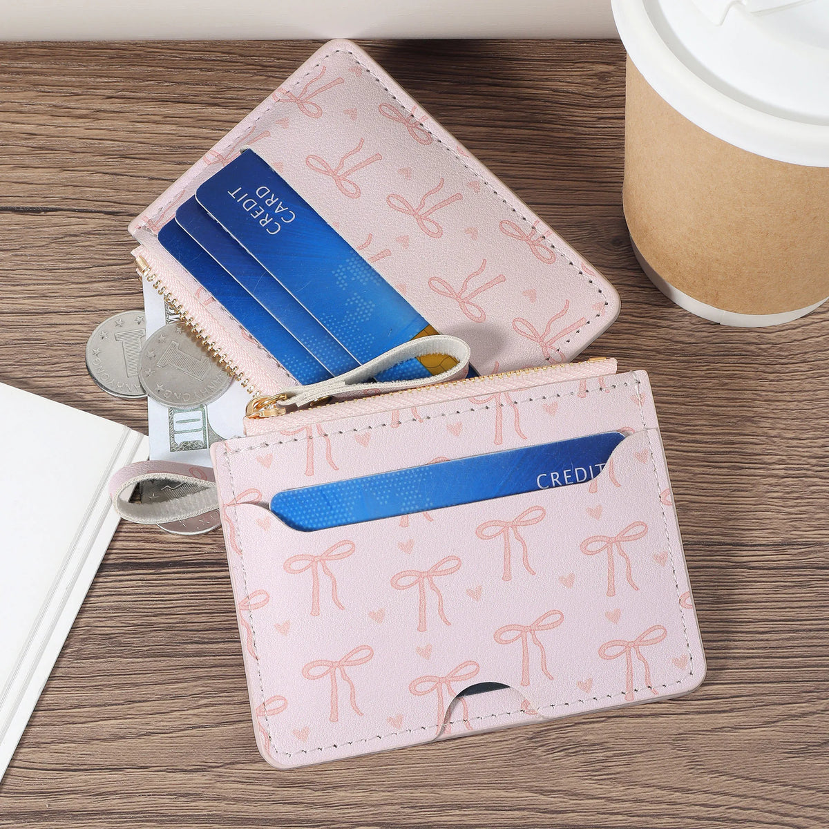 Ultra-Thin Zippered Card Holder with Bow Pattern – Compact Women's Wallet Image