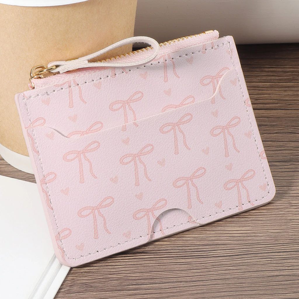 Ultra-Thin Zippered Card Holder with Bow Pattern – Compact Women's Wallet