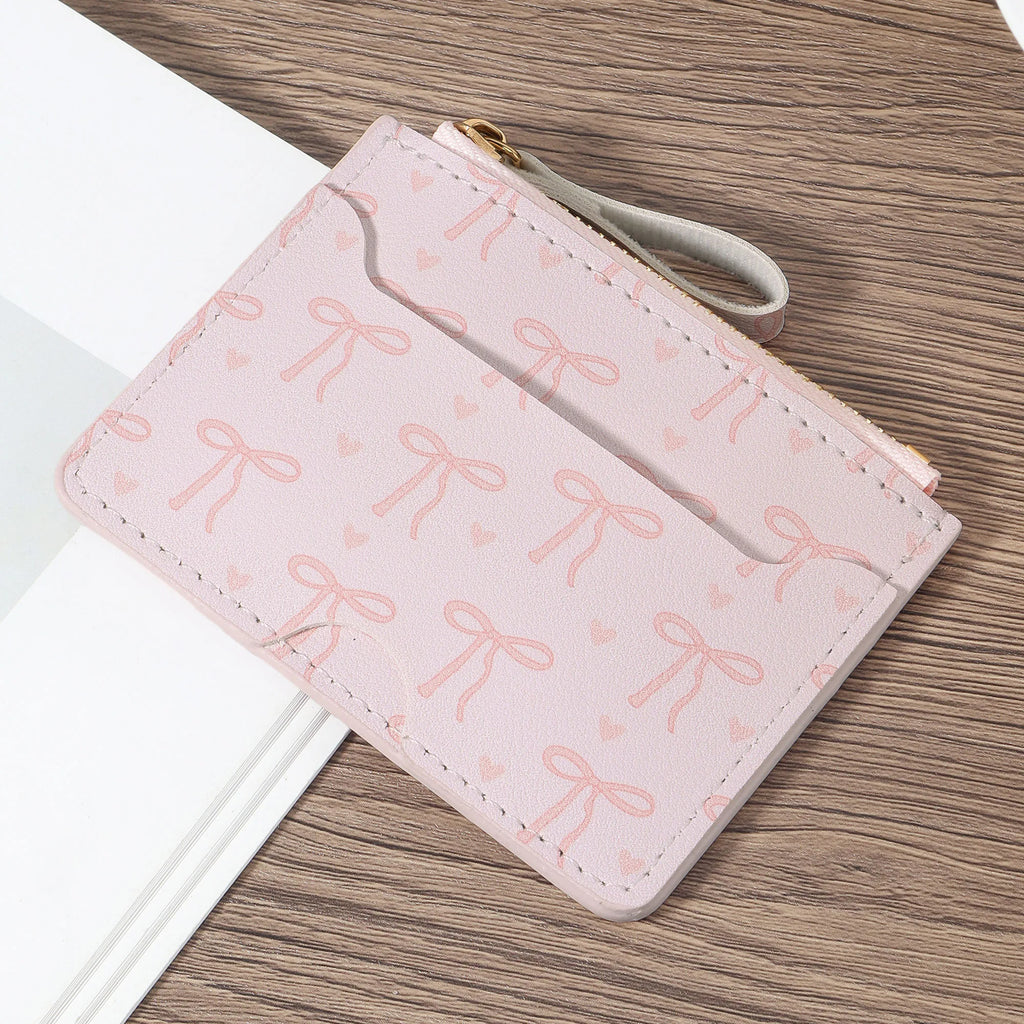Ultra-Thin Zippered Card Holder with Bow Pattern – Compact Women's Wallet