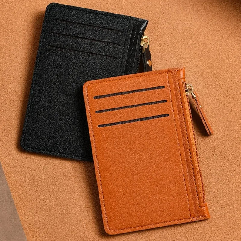 Slim PU Leather Card Holder with Zip Closure for Unisex Compact Size