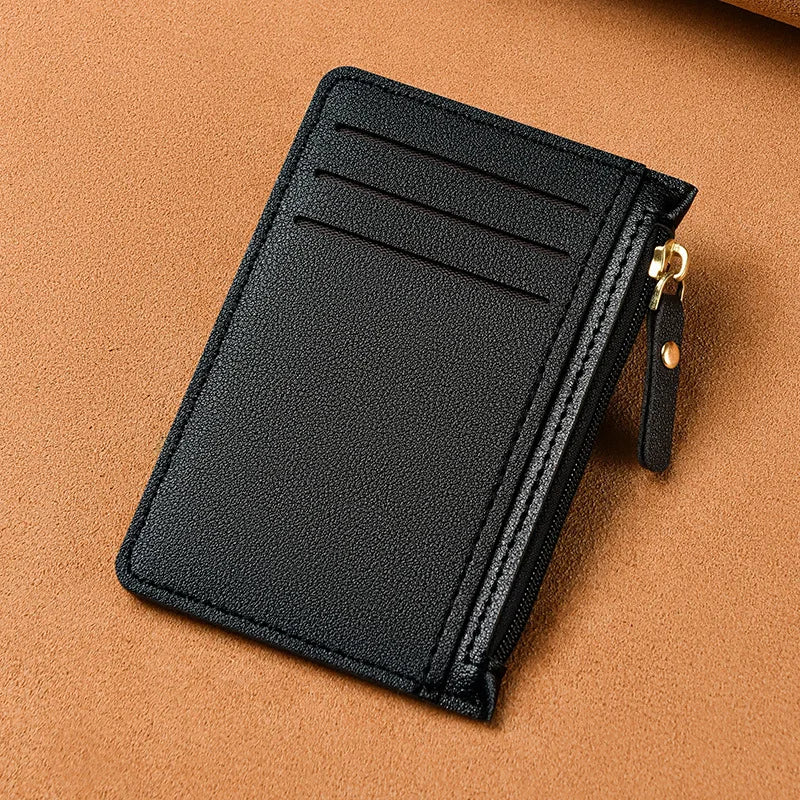Slim PU Leather Card Holder with Zip Closure for Unisex Compact Size