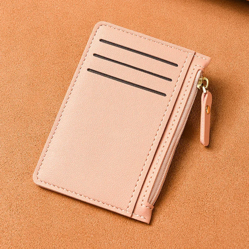 Slim PU Leather Card Holder with Zip Closure for Unisex Compact Size