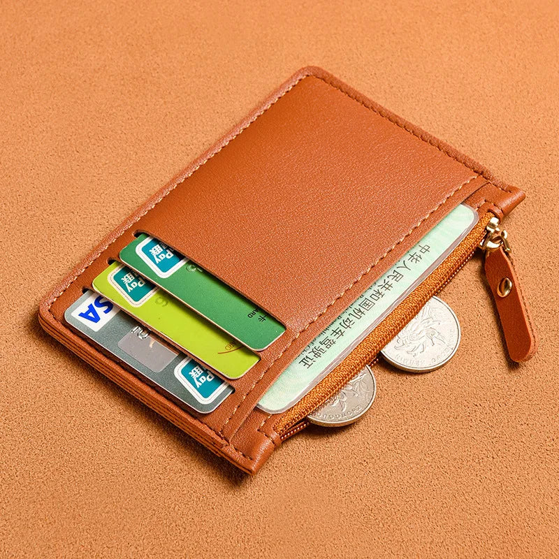Slim PU Leather Card Holder with Zip Closure for Unisex Compact Size
