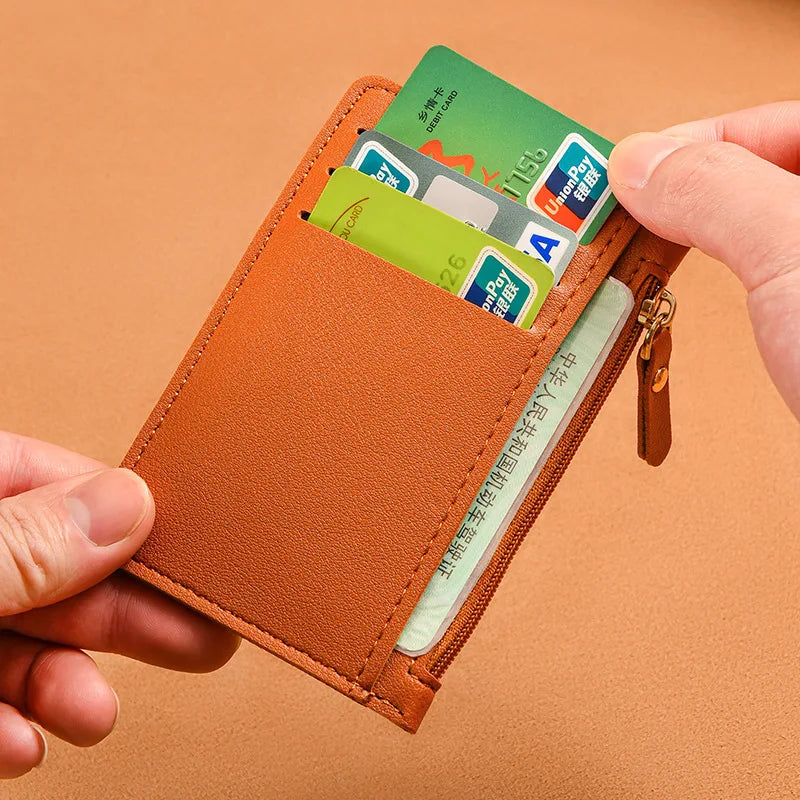 Slim PU Leather Card Holder with Zip Closure for Unisex Compact Size