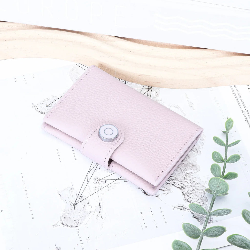Ultra-slim genuine leather cardholder with snap closure for men and women