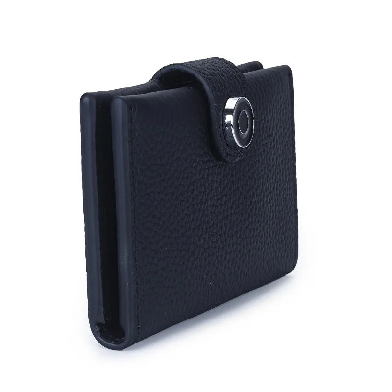 Ultra-slim genuine leather cardholder with snap closure for men and women