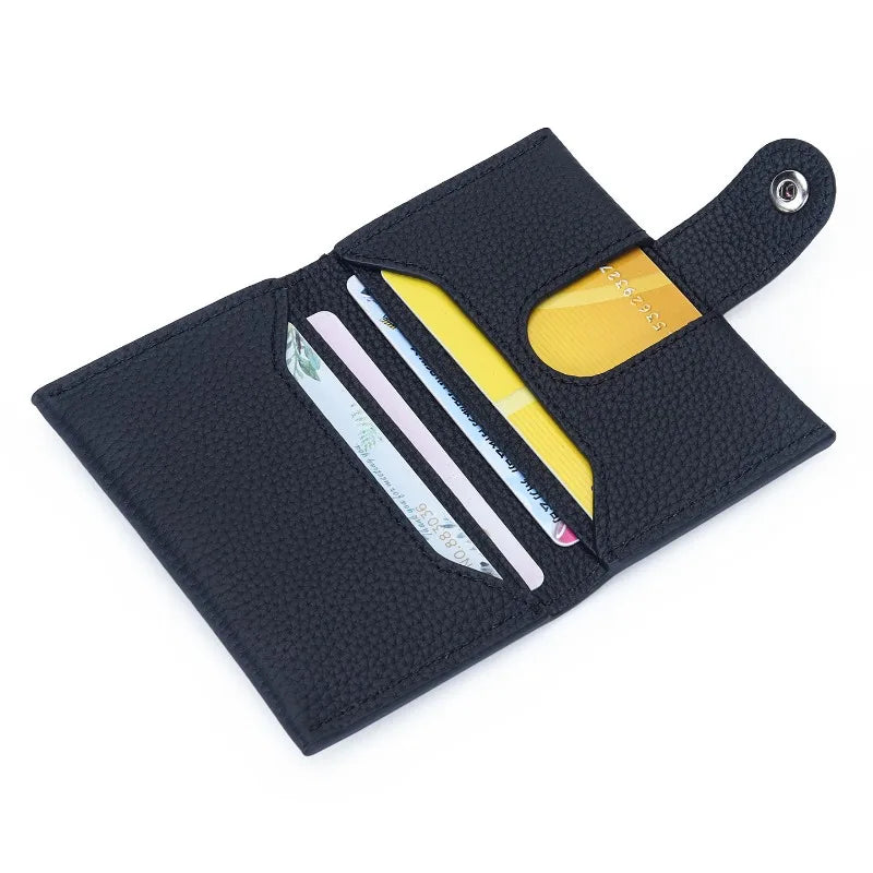 Ultra-slim genuine leather cardholder with snap closure for men and women