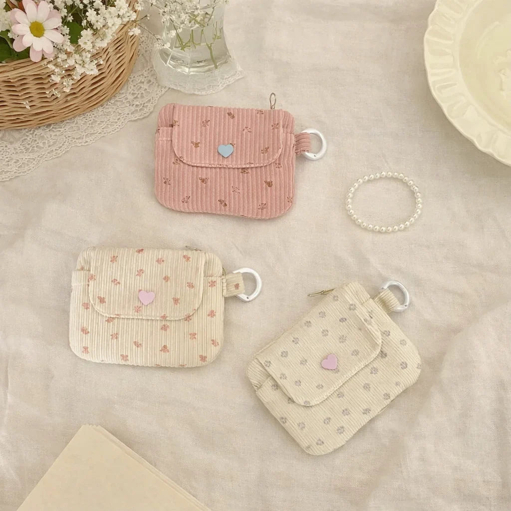 Corduroy Card Holder with Zippered Coin Purse and Key Ring