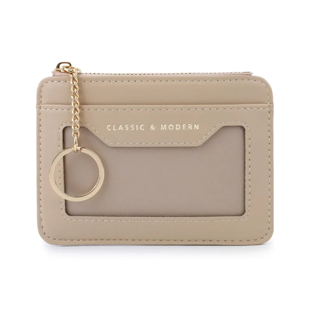 Zippered Faux Leather Card Holder with Keychain and Clear Window Unisex