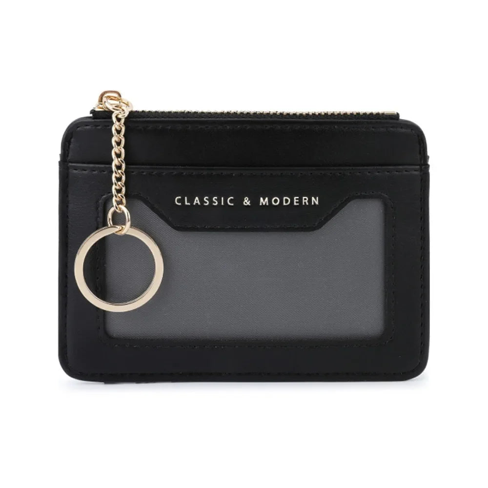 Zippered Faux Leather Card Holder with Keychain and Clear Window Unisex