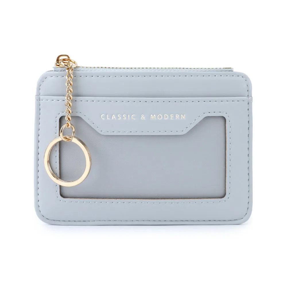 Zippered Faux Leather Card Holder with Keychain and Clear Window Unisex