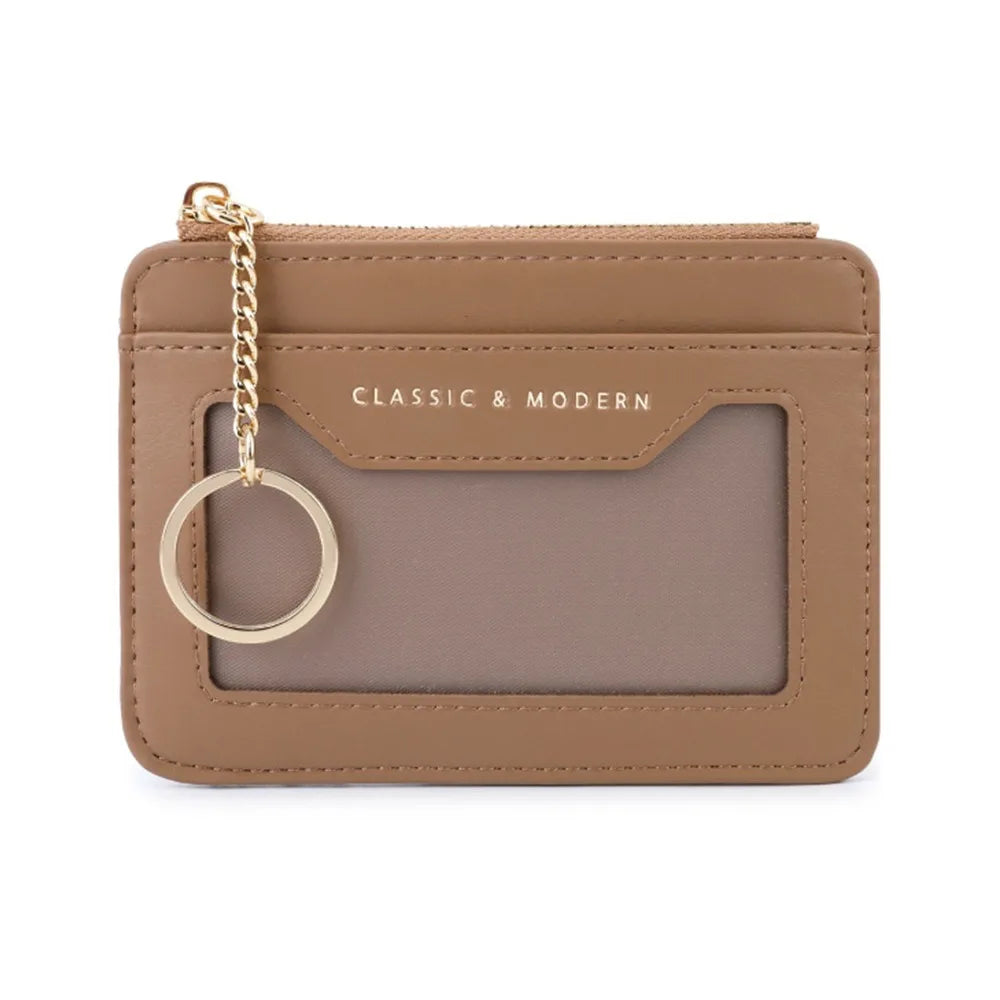 Zippered Faux Leather Card Holder with Keychain and Clear Window Unisex