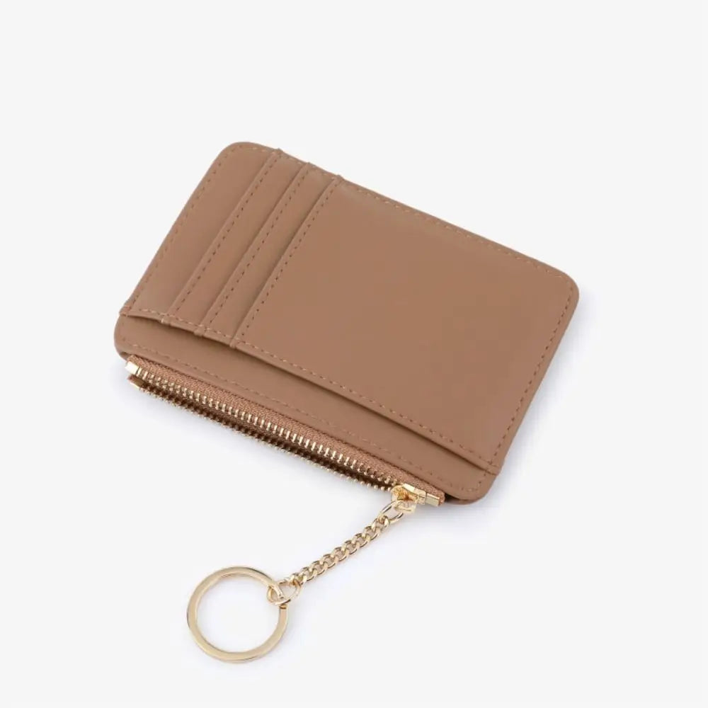 Zippered Faux Leather Card Holder with Keychain and Clear Window Unisex