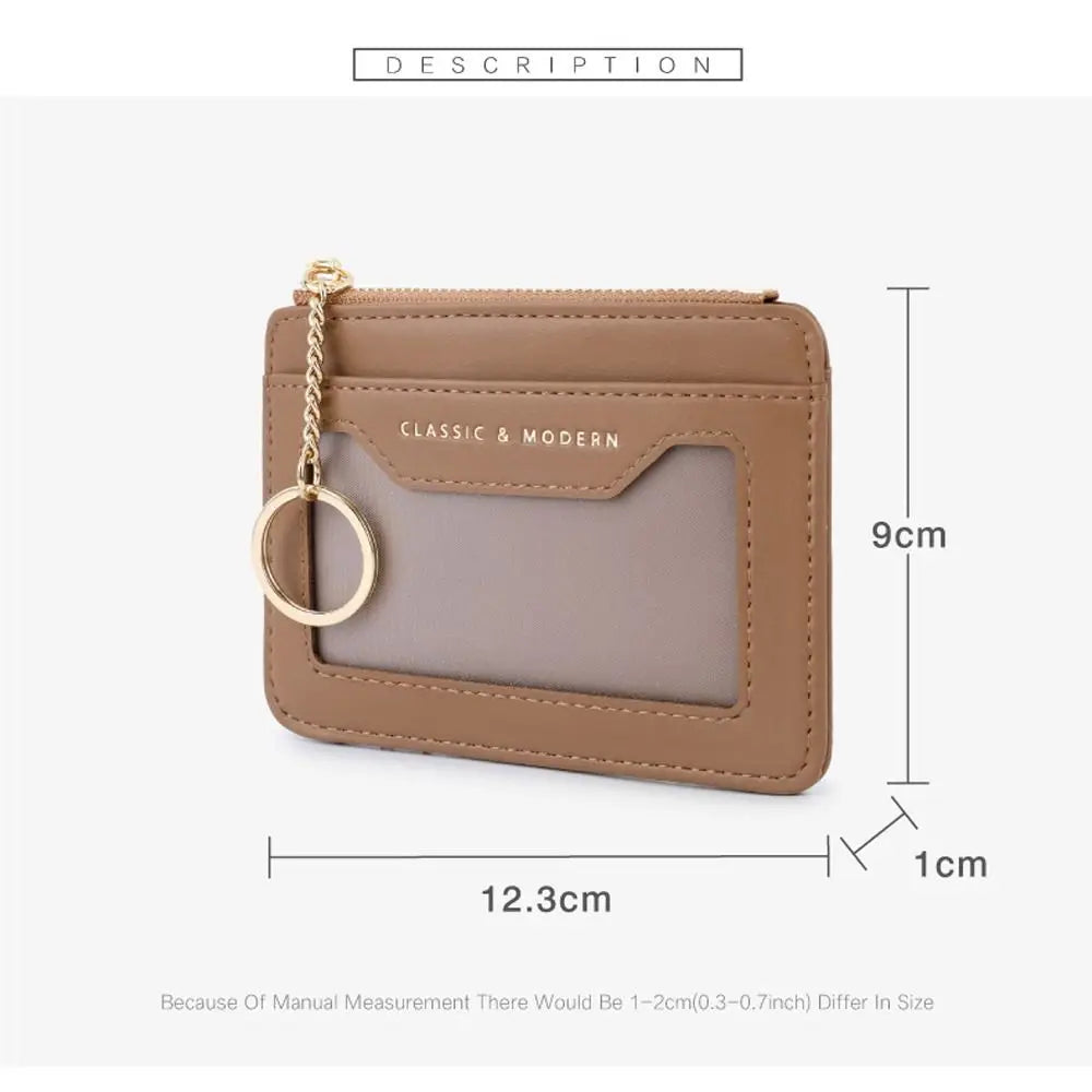 Zippered Faux Leather Card Holder with Keychain and Clear Window Unisex