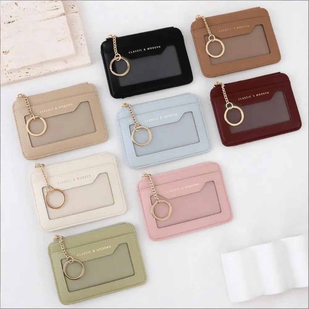 Zippered Faux Leather Card Holder with Keychain and Clear Window Unisex