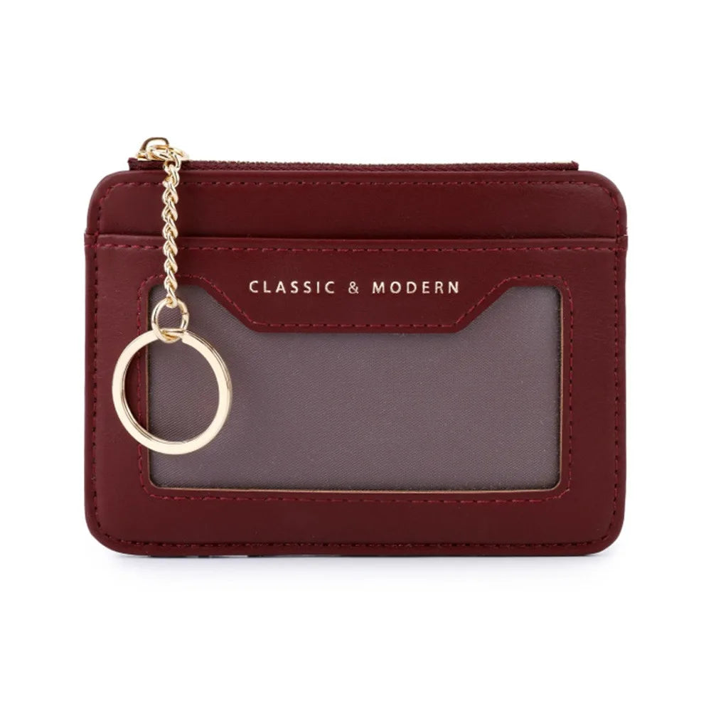 Zippered Faux Leather Card Holder with Keychain and Clear Window Unisex