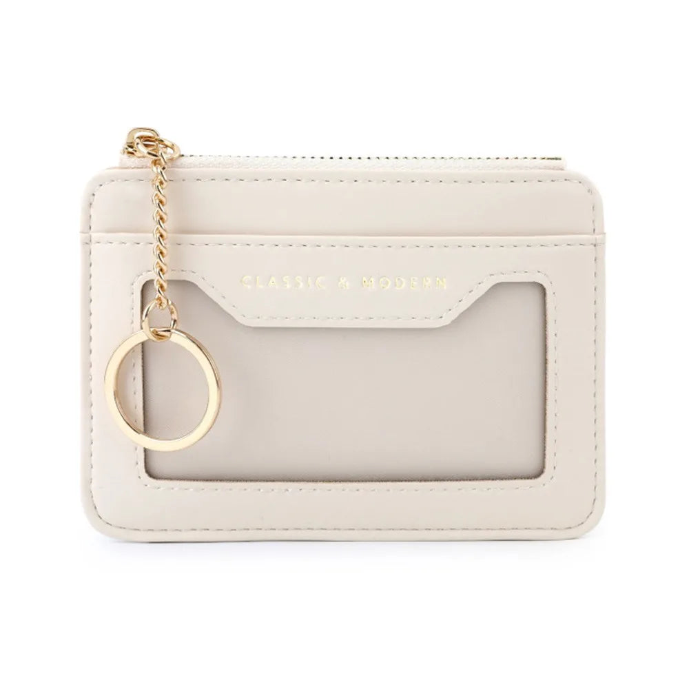 Zippered Faux Leather Card Holder with Keychain and Clear Window Unisex