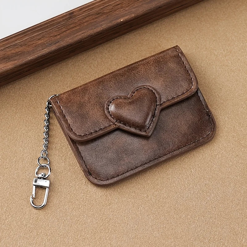 Compact Faux Leather Wallet with Heart Design and Compartments for Women