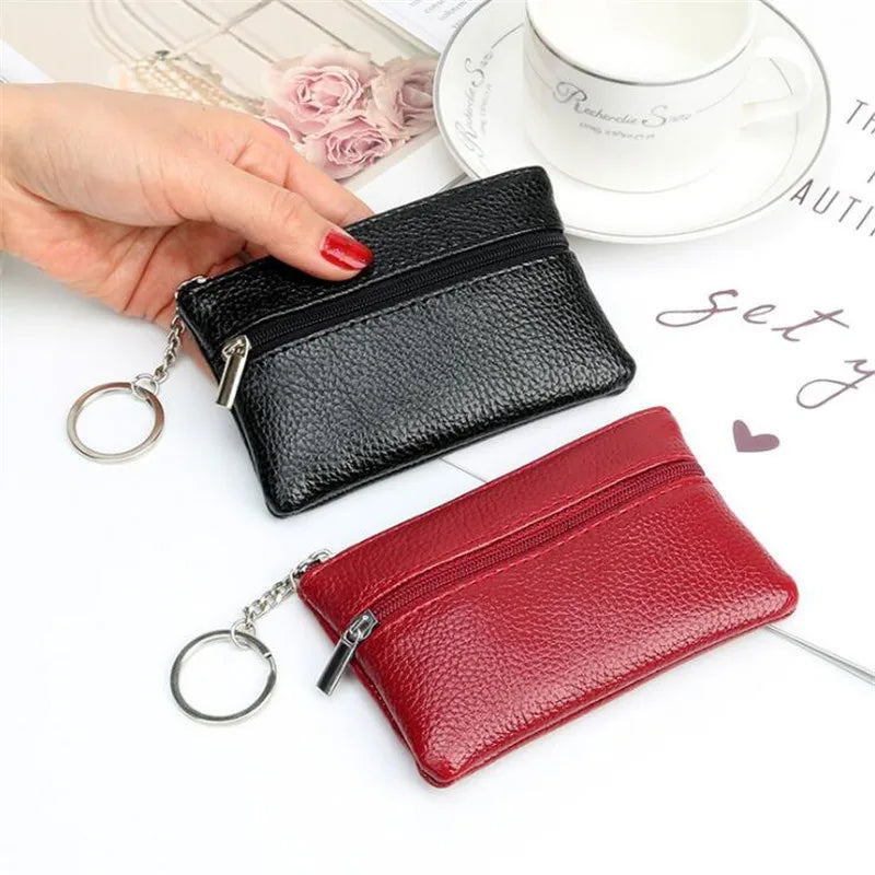 Compact Faux Leather Wallet with Keyring and Double Zipper Closure