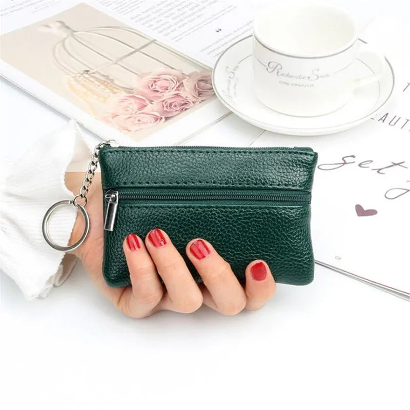 Compact Faux Leather Wallet with Keyring and Double Zipper Closure