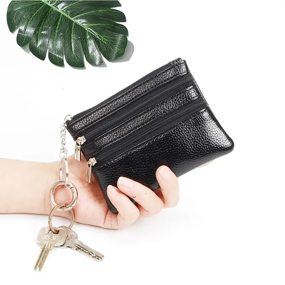 Compact Faux Leather Wallet with Keyring and Triple Zipper Closure