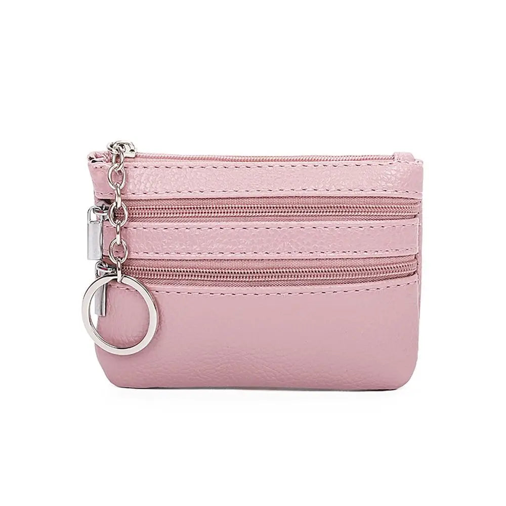 Compact Faux Leather Wallet with Keyring and Triple Zipper Closure