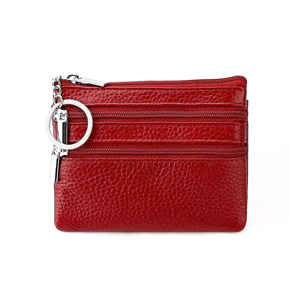 Compact Faux Leather Wallet with Keyring and Triple Zipper Closure