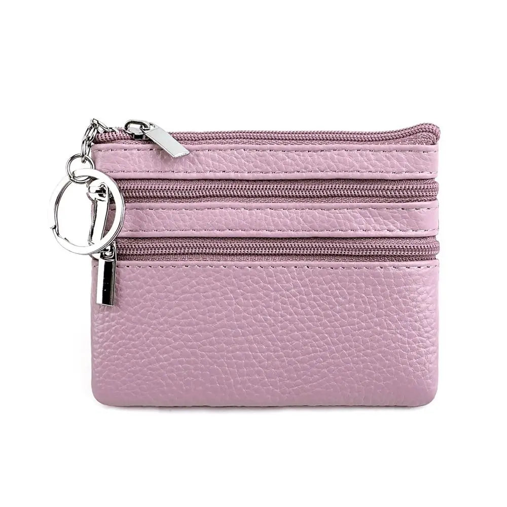 Compact Faux Leather Wallet with Keyring and Triple Zipper Closure