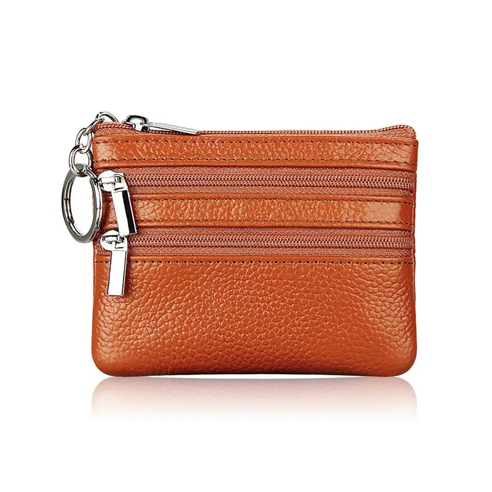 Compact Faux Leather Wallet with Keyring and Triple Zipper Closure
