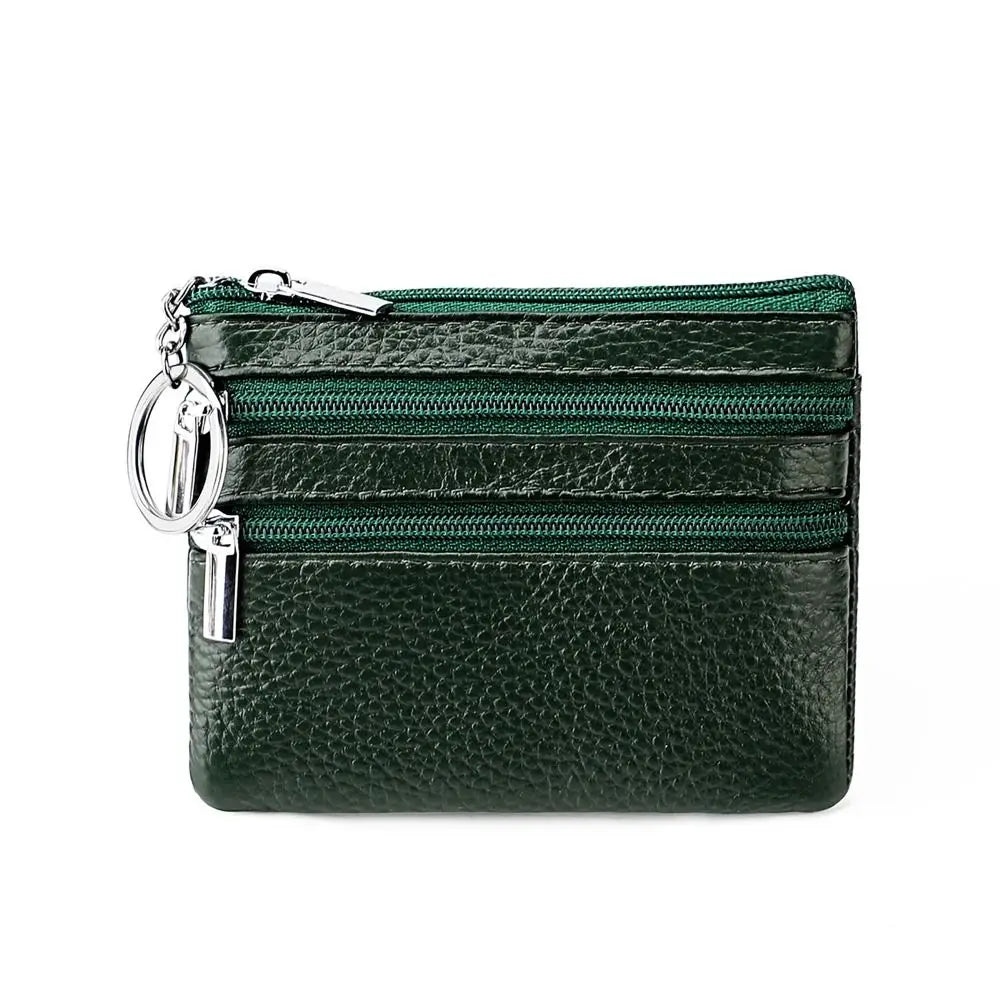 Compact Faux Leather Wallet with Keyring and Triple Zipper Closure