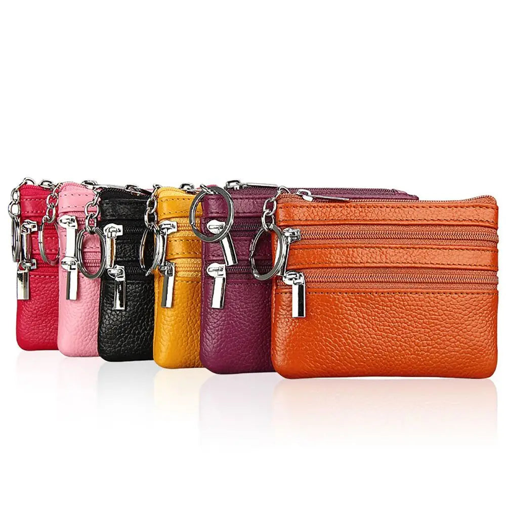 Compact Faux Leather Wallet with Keyring and Triple Zipper Closure