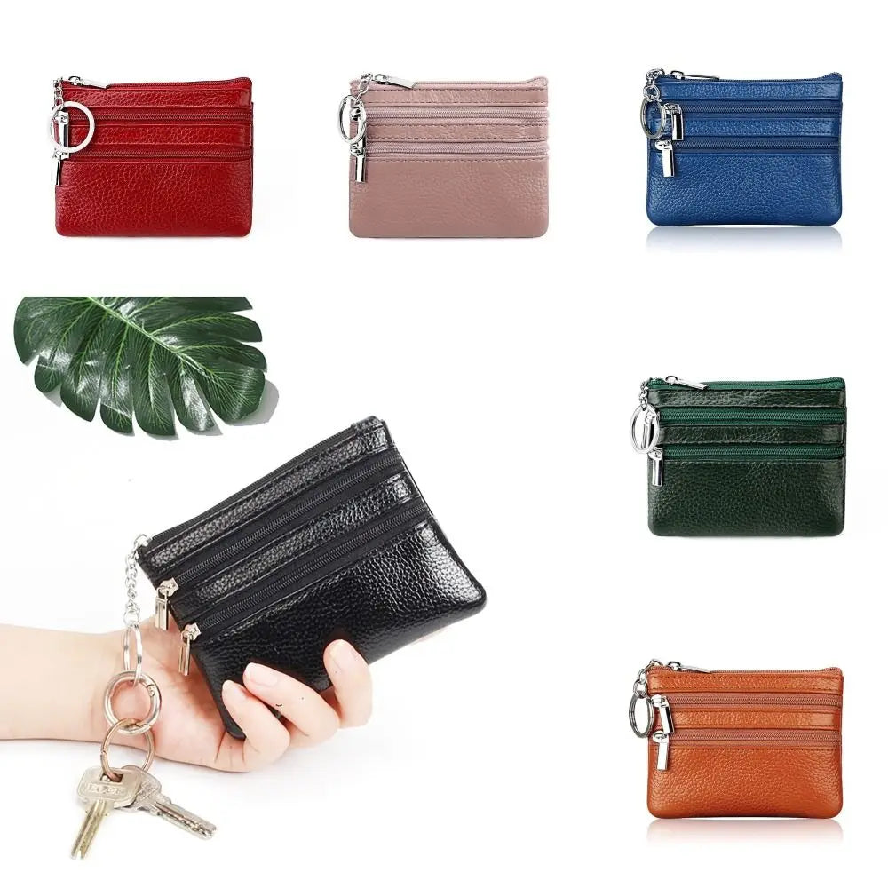 Compact Faux Leather Wallet with Keyring and Triple Zipper Closure Image